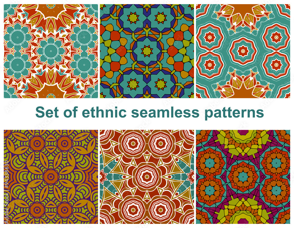 Poster set of six colorful geometric patterns (seamlessly tiling). seamless pattern