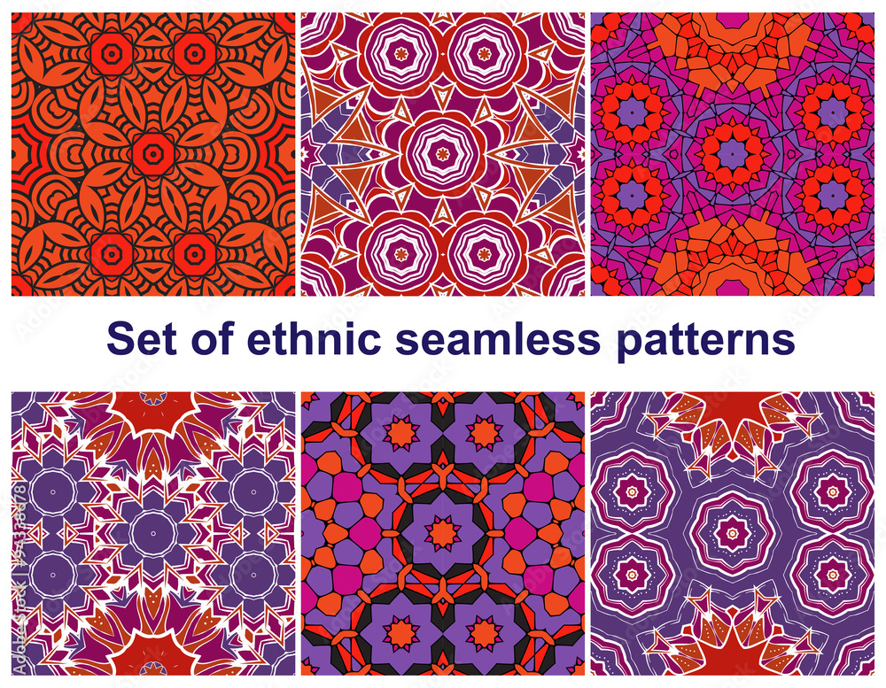 Poster set of six colorful geometric patterns (seamlessly tiling). seamless.