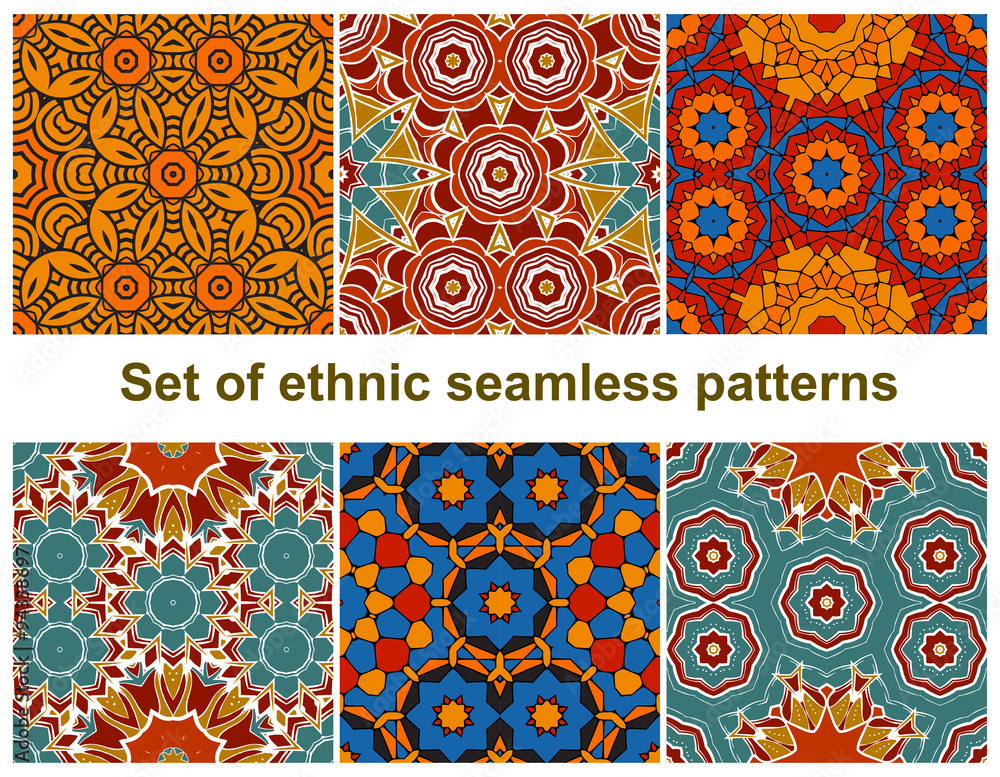Aufkleber set of six colorful geometric patterns (seamlessly tiling). seamless pattern