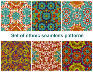 Set of six colorful geometric patterns (seamlessly tiling). Seamless pattern