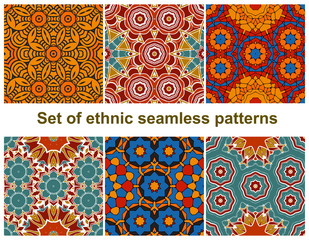 Set of six colorful geometric patterns (seamlessly tiling). Seamless pattern