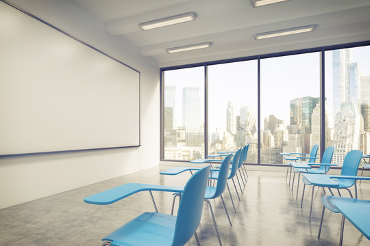 A classroom or presentation room in a modern university or fancy office. Blue chairs, a whiteboard on the wall and panoramic windows with New York view. 3D rendering. Toned image.