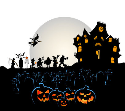 halloween pumpkins with costumes cemetery door and haunted house with moon