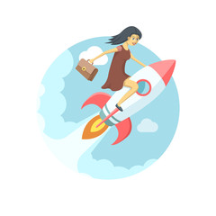 Pretty young woman flying on the rocket in the sky. Flat style v