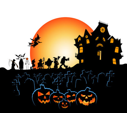 halloween pumpkins with costumes cemetery door and haunted house with moon