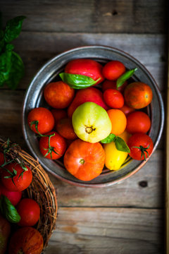 Multicolored tomatoes on rustic wooden background