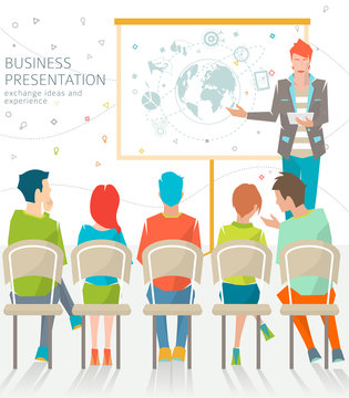 Concept of business meeting / exchange ideas and experience / coworking people / collaboration and discussion / presentation / vector illustration.