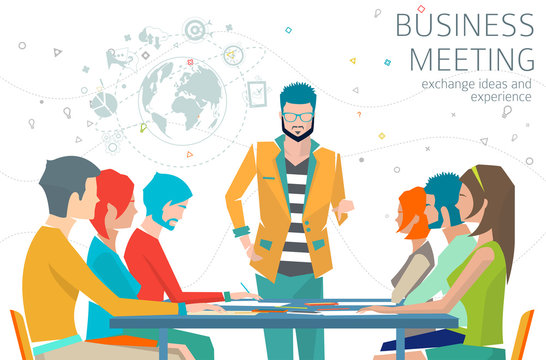 Concept of business meeting / leadership / exchange ideas and experience / coworking people / collaboration and discussion / vector illustration