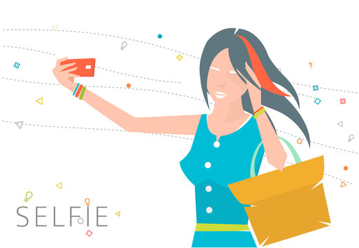 Concept of taking selfie photo on smart phone  / young woman is making photo /  vector illustration
