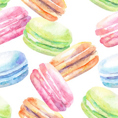 Sweet delicious watercolor pattern with macarons. Hand-drawn background. Vector illustration. - 94342623