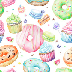 Sweet delicious watercolor pattern with macarons, cupcakes, donuts. Hand-drawn background. Vector illustration. - 94342636