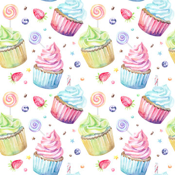Sweet delicious watercolor pattern with cupcakes. Hand-drawn background. Vector illustration.