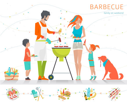 Family on weekend. Barbecue party. Summer outdoor activity. Vector flat illustration.