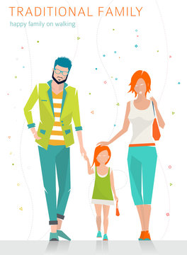 Happy traditional family is going for a walk. Father, mother and daughter. Flat vector illustration.