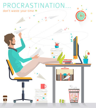 Concept of procrastination. Worker shelves his business. Flat vector illustration.