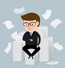 Businessman looking wristwatch with a pile of papers, business concept, vector 10