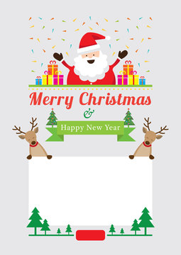 Christmas Characters Frame, Santa Claus with Gift boxes and Reindeer Show Blank Sign
