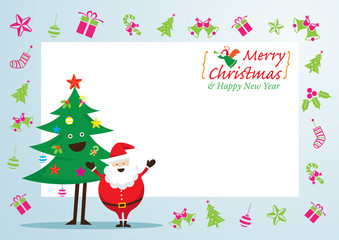 Santa Claus and Tree Characters, Icons and Frame, Merry Christmas and Happy New year