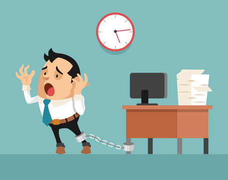 Businessman chained to the desk. Vector flat illustration