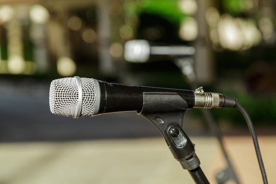 nice amazing  view of microphone detailed head against blurred outdoor background