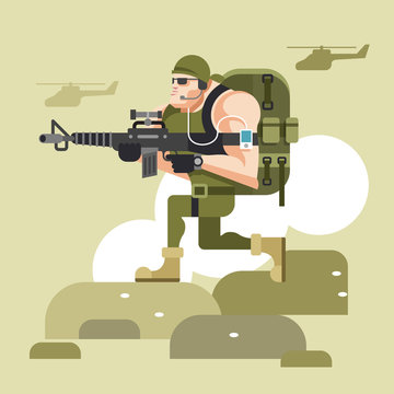 Soldier in camouflage uniform. Vector flat illustration