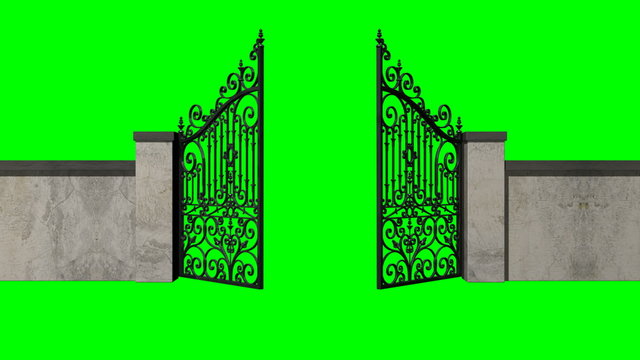 A front view of a set of metal ornate gates attached to a wall slowly opening on a green screen background