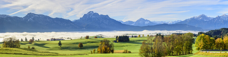 Herbstnebel über dem Forggensee im Ostallgäu - obrazy, fototapety, plakaty