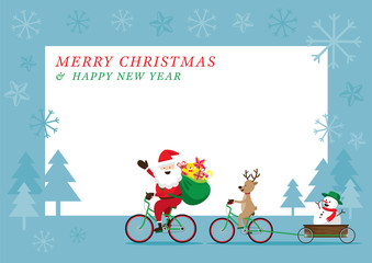 Santa Claus, Reindeer, Snowman Cycling Bicycles, Characters, Merry Christmas and Happy New year