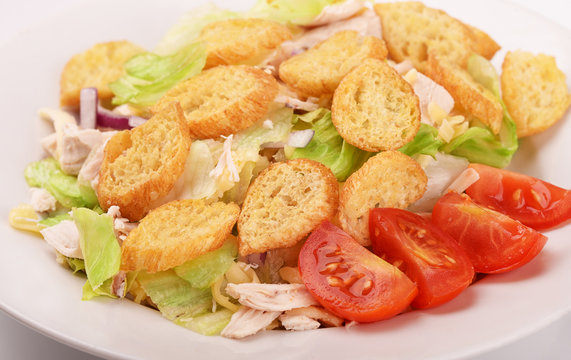 Close up of chicken caesar salad