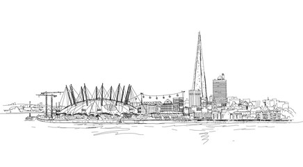 London sketch illustration with Shard of glass and river Thames