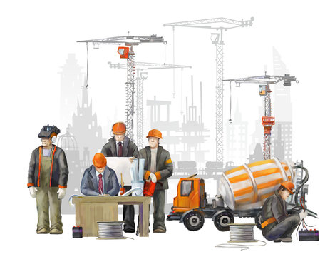 Builders on the building site. Industrial illustration with workers, cranes and concrete mixer machine