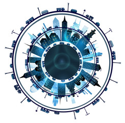 City background with lots of modern buildings and roads with traffic