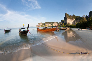 Several Long tail boat  at the beach in Railay Beach Thailand