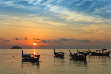 sunrise at Koh Lipe island and Longtail boat - Thailand