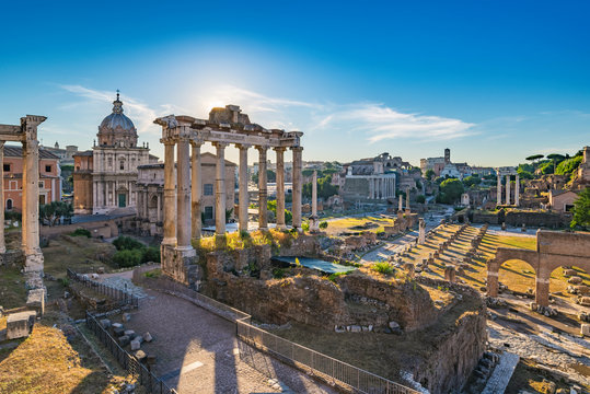 Sunrise at Roman Forum and Colosseum - Rome - Italy