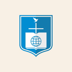 Church logo. Bible, globe, cross and dove