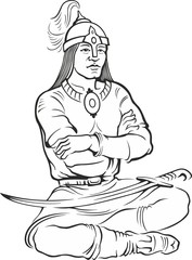 Outlined ethnic mongolian warrior silhouette. Vector illustration