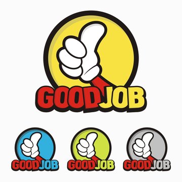 Good Job Icon. Vector illustration of hand thumbs up sign and lettering good job. Isolated on white background.