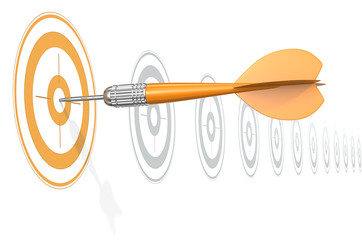 Target Marketing. Dart Arrow hitting center of Orange target. Horizontal row of gray targets.