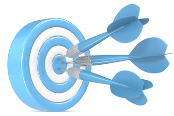 Bulls Eye. Blue and white Dart Board with 3 blue dart arrows.