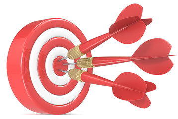 Bulls Eye. Red and white Dart Board with 3 red dart arrows.