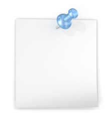 White sticky note. White sticky note with Blue semi transparent plastic Push Pin. Blank for Copy Space.