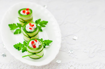 Cucumber Rolls Stuffed with Feta, Herbs, Capsicum and Black Oliv
