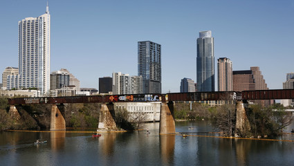 Fototapeta na wymiar Austin Skyline, Colorado River and railway bridge
