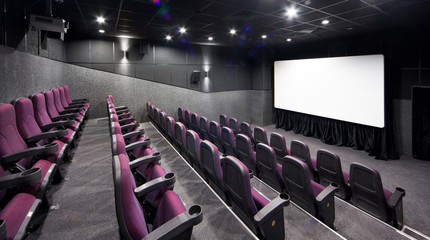 Interior of a small theater with purple chairs and screen