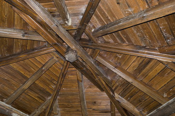 Fragment of wooden ceiling at ancient tower in the  Prevails Mali town or Stari Mali grad, Bulgaria