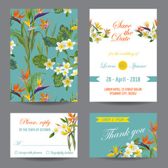 Invitation or Greeting Card Set - Tropical Flowers Design