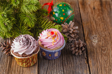 Pine with cone and decoration. Xmas concept