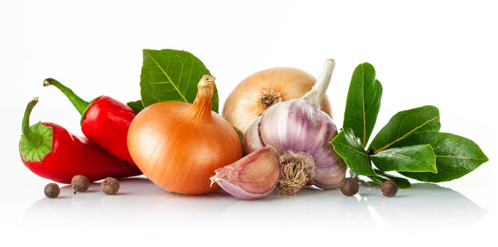 Fresh Spice With Garlic Bay Leaf. Isolated On White Background