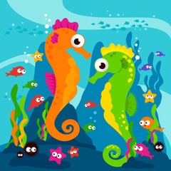 Background with Seahorses and fish swimming underwater. Vector illustration